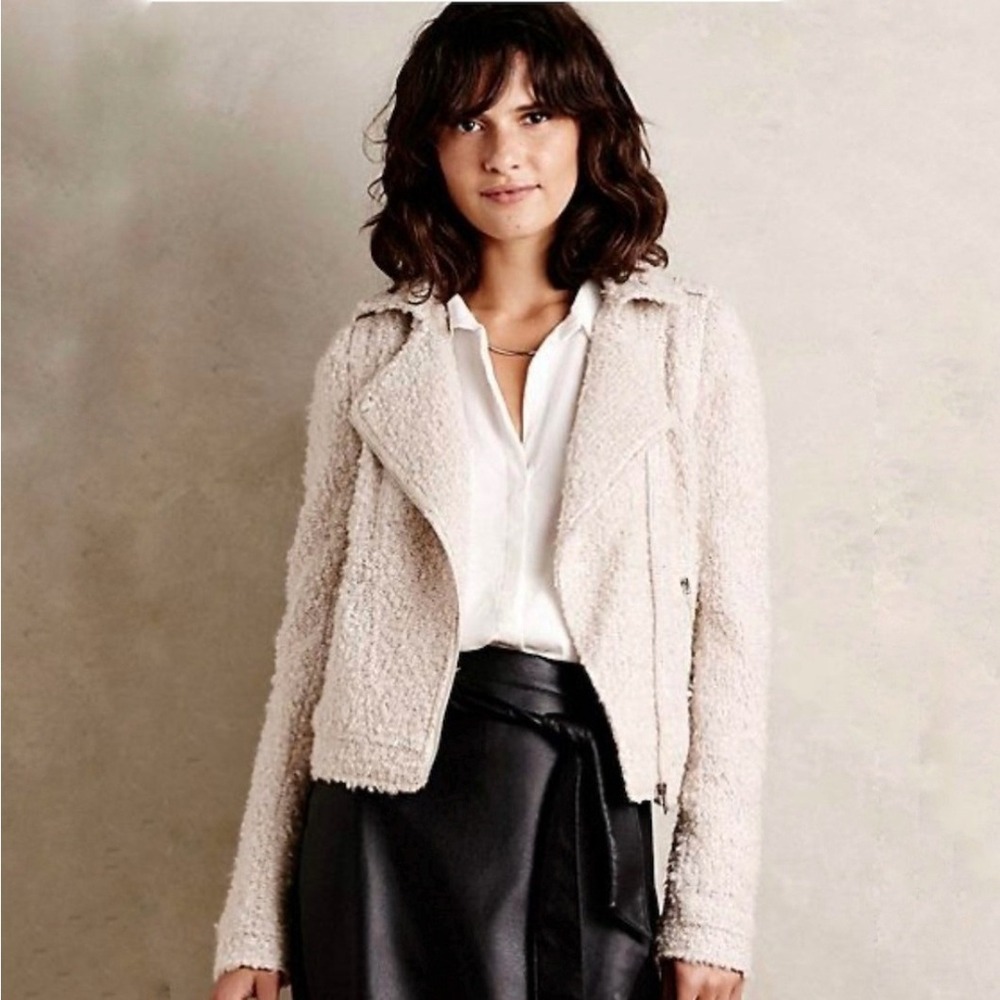 Anthropologie Elevenses Boucle Moto Jacket‎ Textured Ivory Cream Size Medium